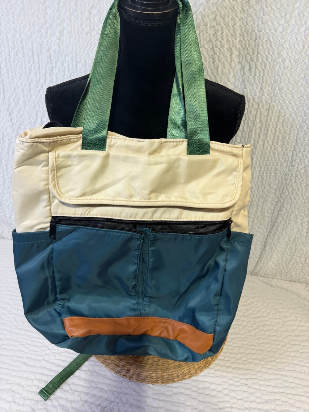 Green and Cream Colorblock Tote Bag with Brown Accent